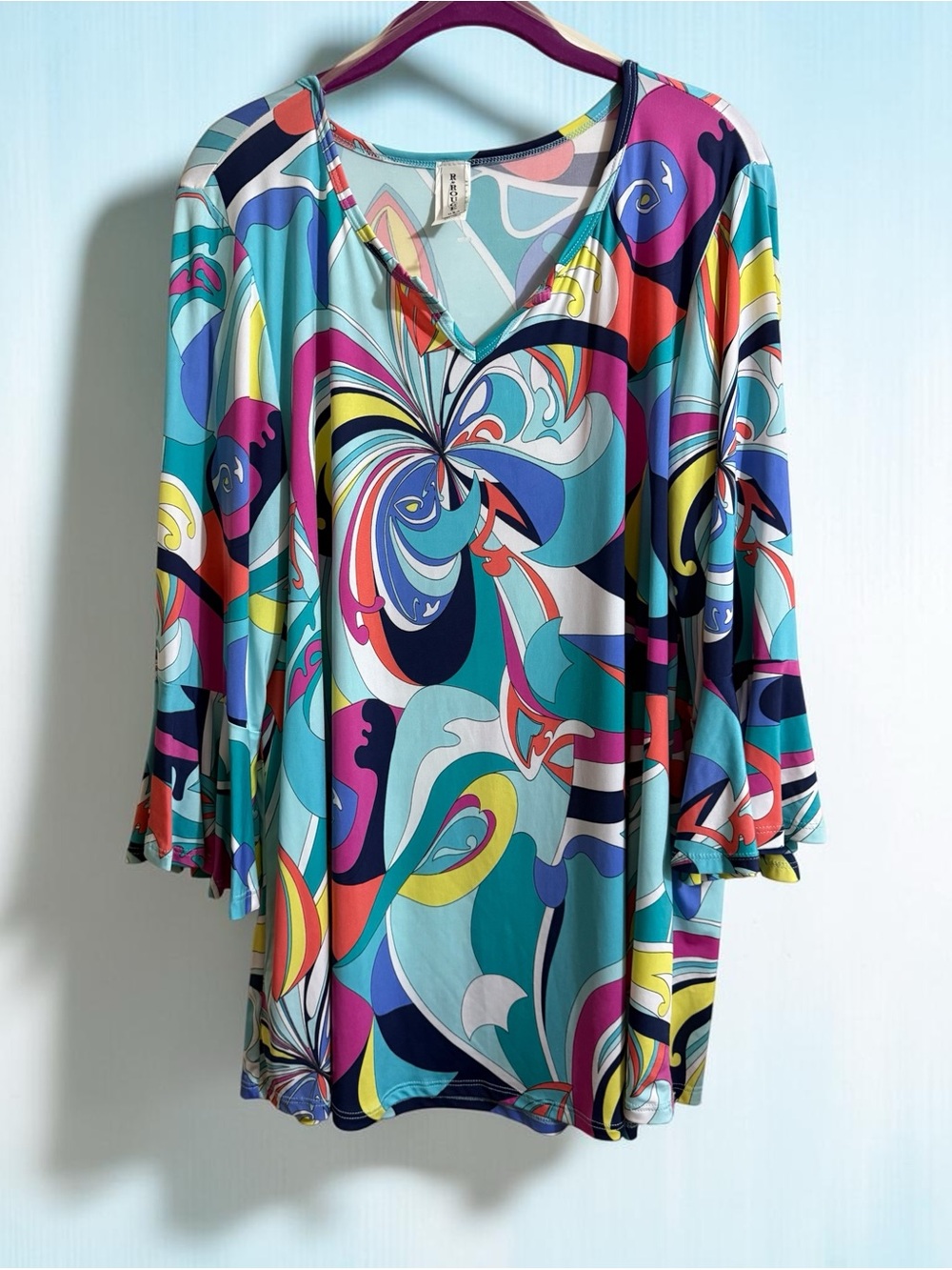 R. Rouge Boho Retro Abstract Swirl Print Tunic Blouse – 3/4 Bell Sleeve